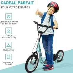 Trottinette patinette freestyle grandes roues pneumatiques Ø 40 et 30 cm hauteur guidon réglable frein AV/AR béquille acier bleu ciel noir