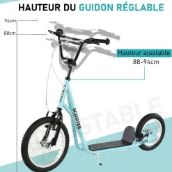 Trottinette patinette freestyle grandes roues pneumatiques Ø 40 et 30 cm hauteur guidon réglable frein AV/AR béquille acier bleu ciel noir