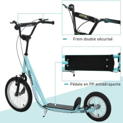 Trottinette patinette freestyle grandes roues pneumatiques Ø 40 et 30 cm hauteur guidon réglable frein AV/AR béquille acier bleu ciel noir