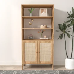 Vaisselier Cange avec 3 étagères et 2 portes en cannage