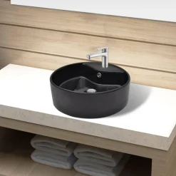 Vasque rond a trou robinet/trop-plein ceramique pour salle de bain