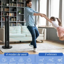 Ventilateur colonne tour oscillant 45 W silencieux télécommande incluse timer 4 modes 3 vitesses noir