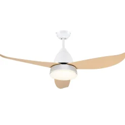 Ventilateur de plafond plafonnier 2 en 1 réversible - 3 pales, 6 vitesses, timer - télécommande, kit installation inclus - métal blanc ABS aspect bois clair