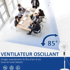 Ventilateur sur pied Ø 45 cm hauteur réglable oscillant silencieux 50 W avec télécommande timer 3 modes 3 vitesses blanc