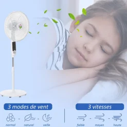 Ventilateur sur pied Ø 45 cm hauteur réglable oscillant silencieux 50 W avec télécommande timer 3 modes 3 vitesses blanc