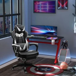 Vinsetto Fauteuil de bureau gamer style baquet racing - pivotant, inclinable - coussin lombaire, tétière, repose-pieds inclus - revêtement synthétique blanc noir