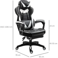 Vinsetto Fauteuil de bureau gamer style baquet racing - pivotant, inclinable - coussin lombaire, tétière, repose-pieds inclus - revêtement synthétique blanc noir