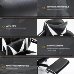 Vinsetto Fauteuil de bureau gamer style baquet racing - pivotant, inclinable - coussin lombaire, tétière, repose-pieds inclus - revêtement synthétique blanc noir