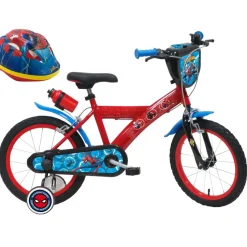 Vélo 16'' Garçon Licence Spiderman + Casque pour enfant de 105/120 cm avec stabilisateurs à molettes - Plaque décorative avant - Porte bidon - 2 freins