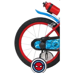 Vélo 16'' Garçon Licence Spiderman + Casque pour enfant de 105/120 cm avec stabilisateurs à molettes - Plaque décorative avant - Porte bidon - 2 freins