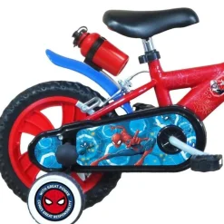Vélo 12'' Garçon Licence Spiderman + Casque pour enfant de 85/100 cm avec stabilisateurs à molettes - 2 freins - Plaque décorative avant - Porte bidon