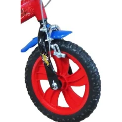 Vélo 12'' Garçon Licence Spiderman + Casque pour enfant de 85/100 cm avec stabilisateurs à molettes - 2 freins - Plaque décorative avant - Porte bidon