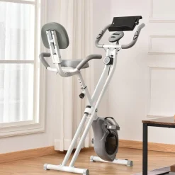 Vélo d'appartement pliable grand confort dossier selle réglable poignées ergonomiques écran LCD multifonction support tablette acier blanc gris